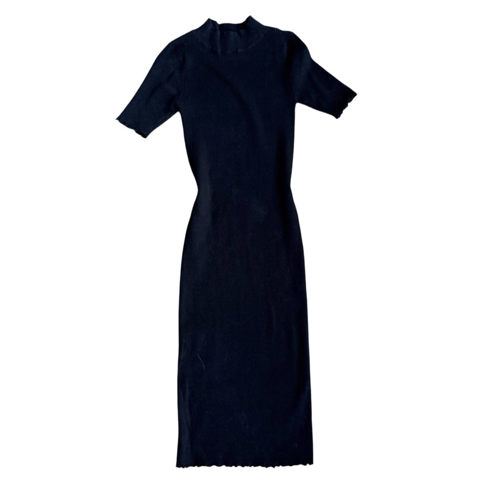 Black mock neck short sleeve midi dress
